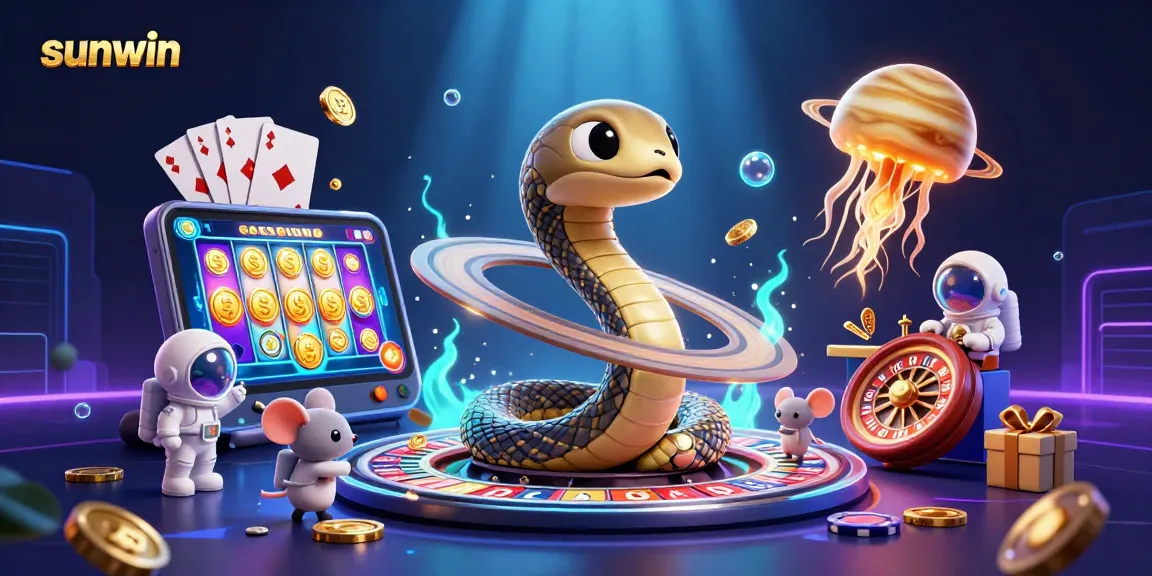 Engage with sunwin through an interactive cosmic casino scene featuring unique characters and vibrant gaming elements.