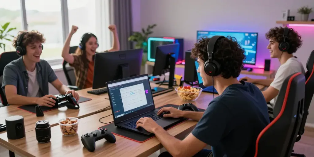 Friends enjoying gaming on NBET platform in a lively gaming room.