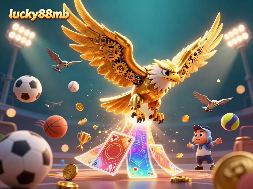Engaging lucky88mb illustration of a cybernetic golden eagle amidst a flurry of holographic cards and sports elements.