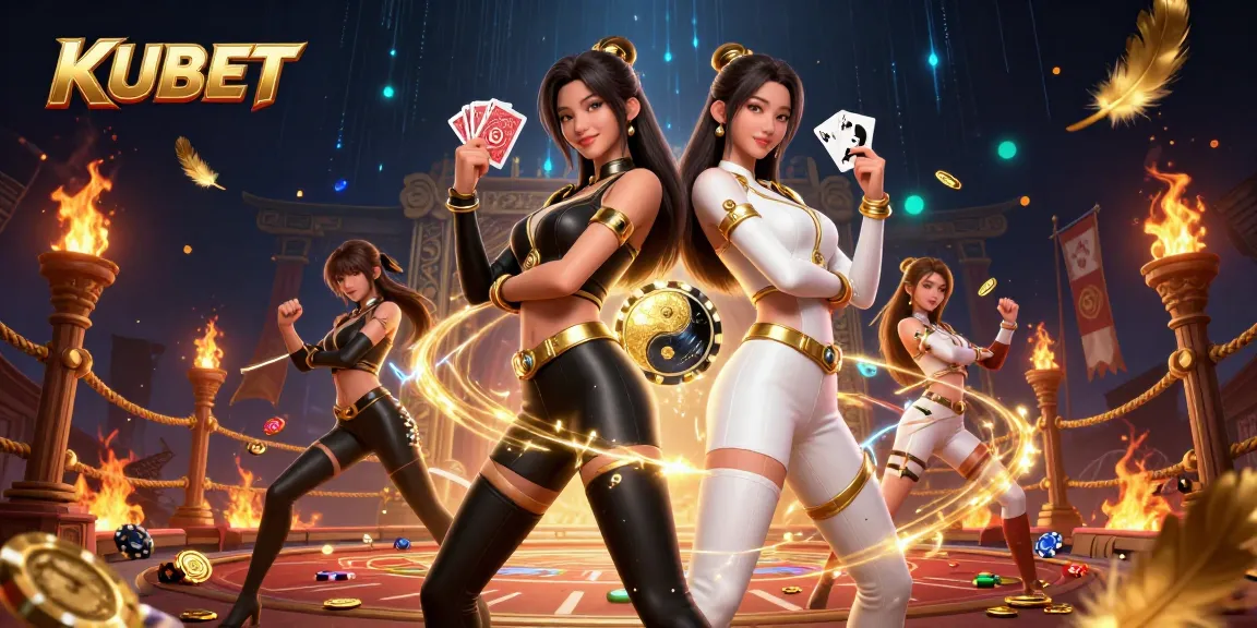 KUBET showcases a dynamic scene with twin Asian women playing cards, surrounded by vibrant casino elements.
