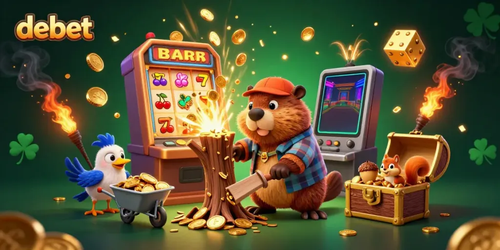 Engage with debet's dynamic casino atmosphere through a whimsical 3D illustration of a beaver collecting golden coins.