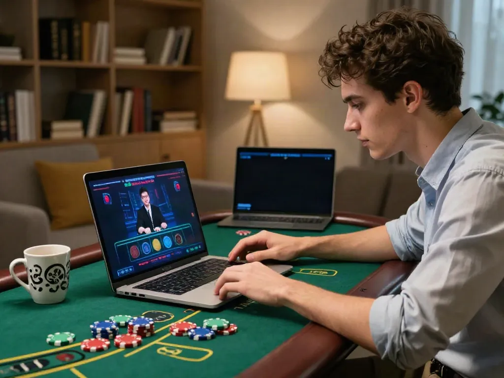 Engaged player at laptop enjoying baccarat game on SKY88 platform