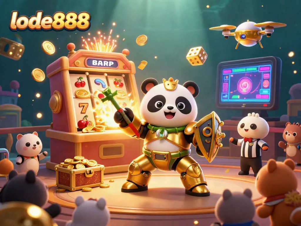 Experience the thrilling gameplay of lode888 with a vibrant 3D illustration showcasing a panda in mech-suit piloting a fighting robot amidst a vibrant casino.