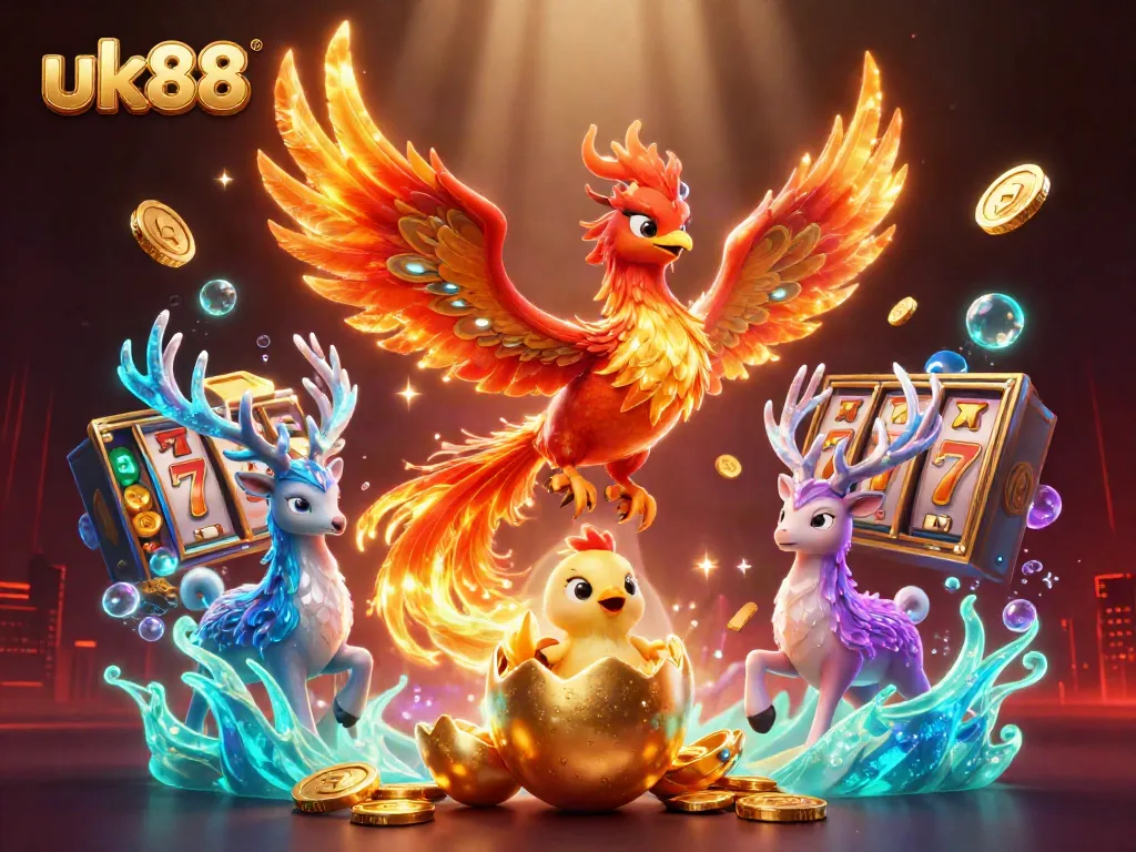Experience the thrill of uk88's 3D fire phoenix and jackpot slots in an immersive casino illustration.
