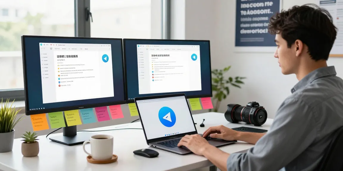Telegram Chinese setup in a modern workspace with responsive app interface and motivational decor.