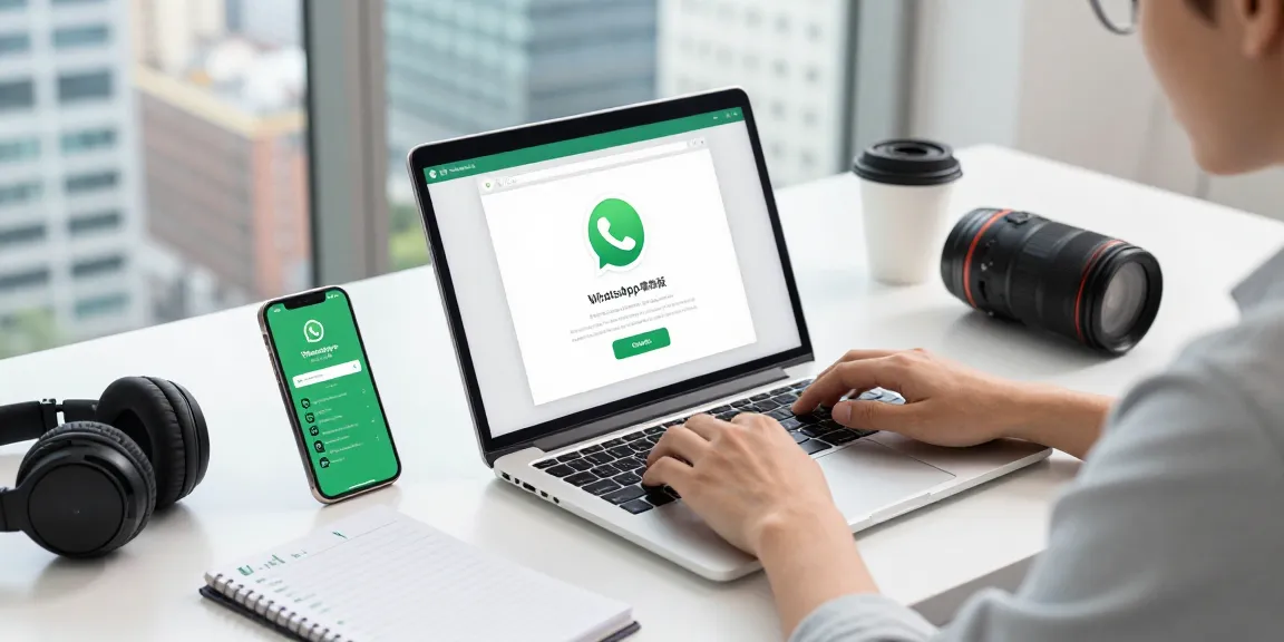 Engaged user utilizing WhatsApp電腦版 on laptop in a modern workspace with tools around, creating a vibrant professional atmosphere.