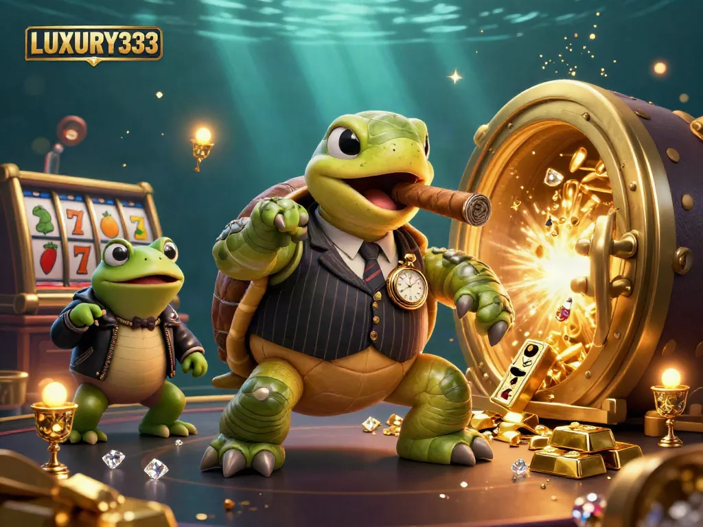 LUXURY333 showcases a dynamic 3D casino scene with a snapping turtle in a mobster suit and slot elements, enhancing the exhilarating atmosphere.