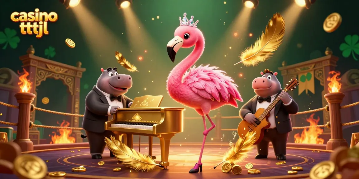 Engaging casino tttjl scene with a flamingo singer and hippo bassist in vibrant 3D art.
