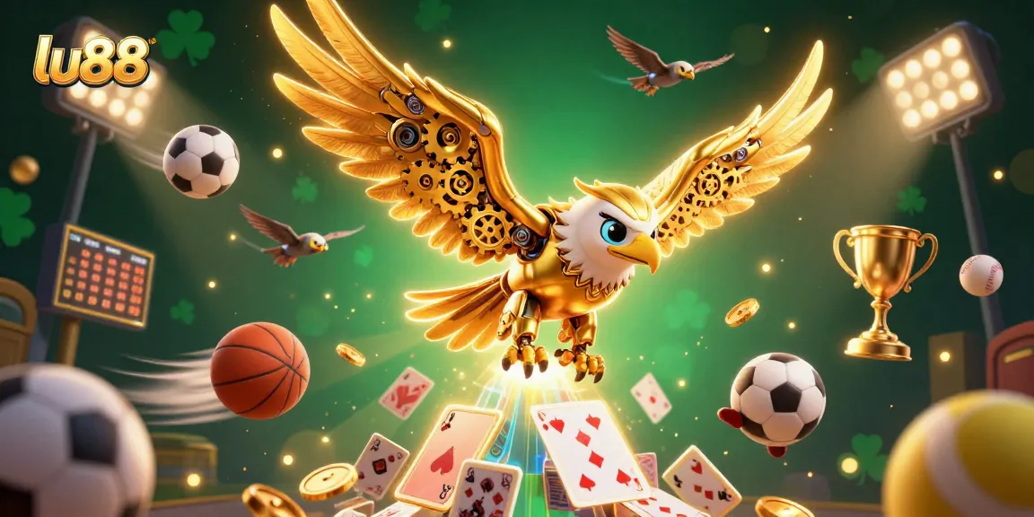 lu88 showcases a dynamic betting scene with a cybernetic eagle amidst sports elements.